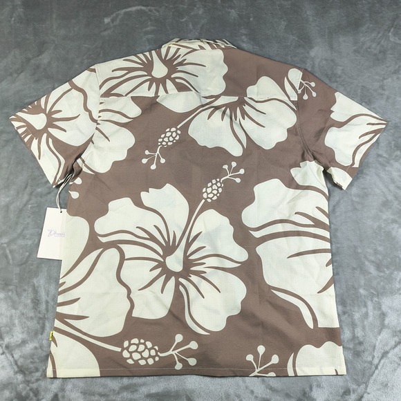 Duvin Hawaiian Shirt Mens Medium Brown Hibiscus Leisure Stretch Button Up New - Picture 2 of 10